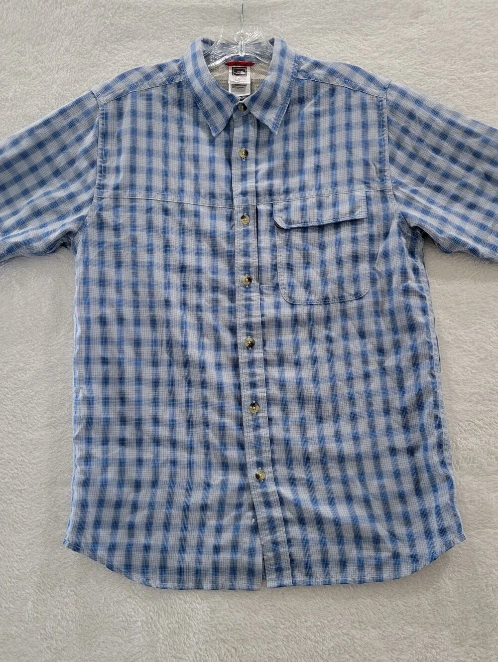 North Face Shirt Men's Sz Small Blue Grey Plaid Button Vented SS Breathable